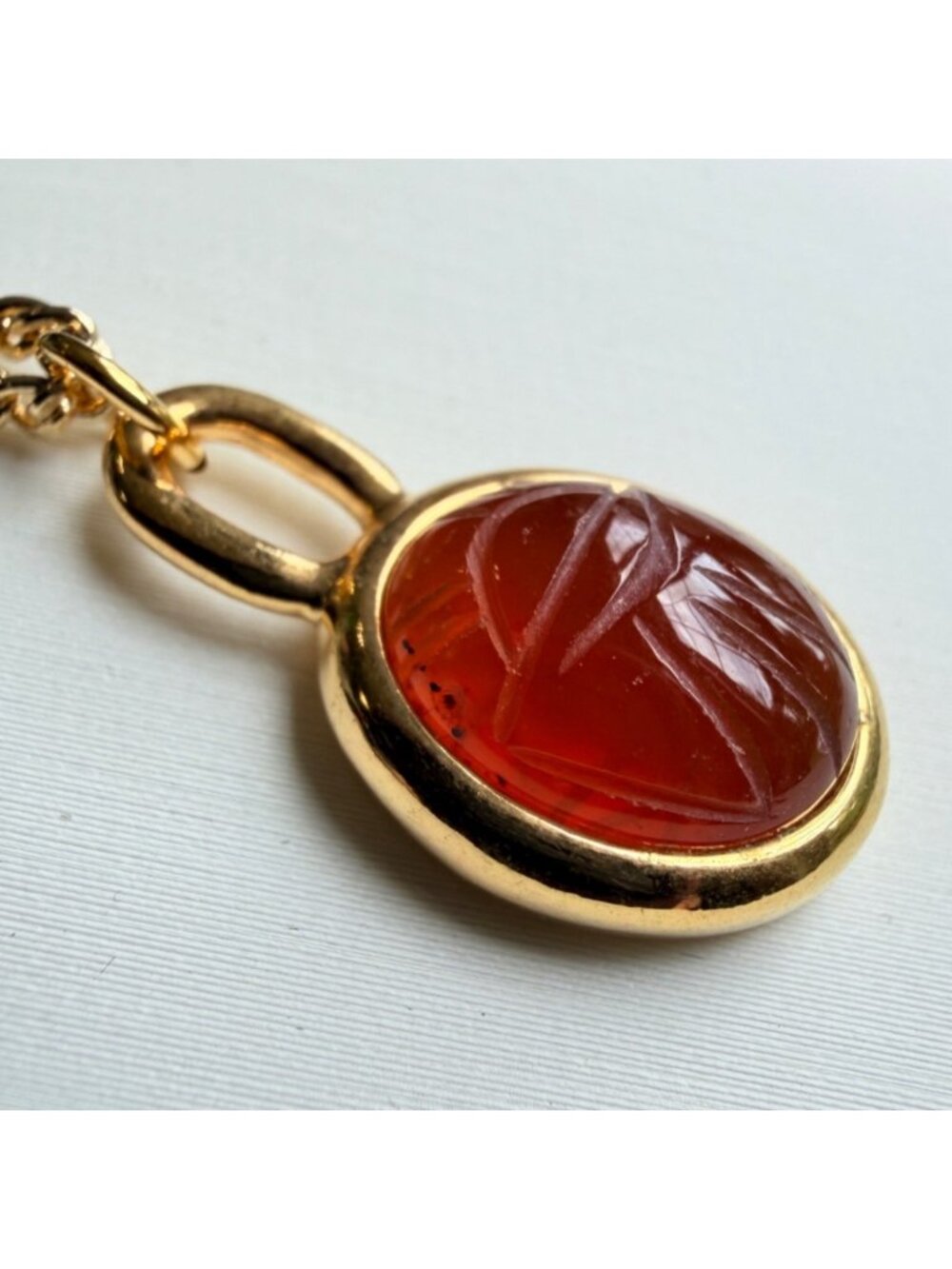 Vintage Amber Gold Scarab Necklace Genuine Stone Pendant 1970s - Picture 7 of 9